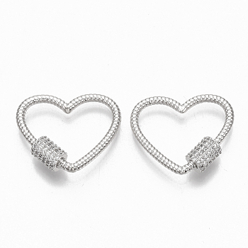 Brass Micro Pave Clear Cubic Zirconia Screw Carabiner Lock Charms, for Necklaces Making,  Heart, Platinum, 20.5x24x2mm, Screw: 7x5.5mm