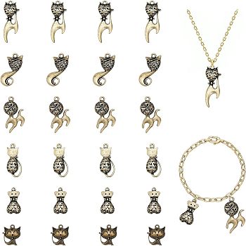 CHGCRAFT 24Pcs 6 Style Alloy Pendants, Hollow, Cat, Antique Bronze, 23~48x14.5~22x7.5~8.5mm, Hole: 2~2.5mm, 4pcs/style 