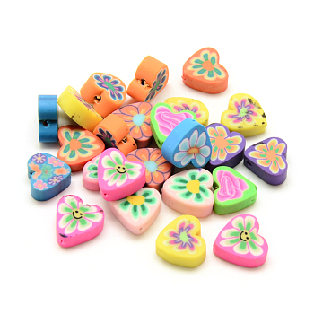 Handmade Polymer Clay Beads, Heart with Flower, Mixed Color, 10x10~11x4mm, Hole: 1~2mm