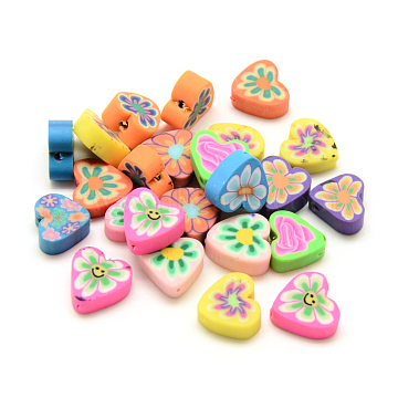 Handmade Polymer Clay Beads, Heart with Flower, Mixed Color, 10x10~11x4mm, Hole: 1~2mm(X-CLAY-Q230-29)