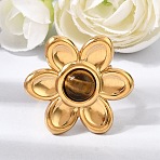 304 Stainless Steel Cuff Open Rings for Women, Flower, with Natural Tiger Eye, Ion Plating(IP), Golden, US Size 7(17.3mm)(GG-CBA7994-02G-11)