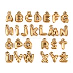304 Stainless Steel Pendants, Letter A~Z Charms, Ion Plating(IP), Golden, 9.5~10x2.5~9x2.5mm, Hole: 1.2mm(STAS-S186-12-G01)