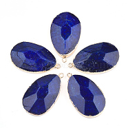 Electroplate Natural Lapis Lazuli Pendants, with Iron Findings, Dyed, teardrop, Golden, 41~42x24~25x8~9mm, Hole: 1.8mm(G-S344-17A)