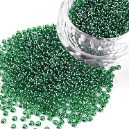 12/0 Grade A Round Glass Seed Beads, Transparent Colours Lustered, Green, 2x1.5mm, Hole: 0.3mm,5000pcs/50g(X-SEED-Q011-F522)