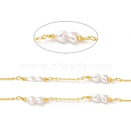 Brass Bar Link Chains, with ABS Plastic Imitation Pearl Heart Beaded, Soldered, with Spool, Real 18K Gold Plated, 15x1.5x0.5mm, 23.5x6x4mm(CHC-A006-11G)