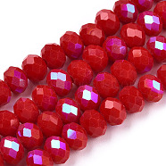 Electroplate Opaque Solid Color Glass Beads Strands, Half Rainbow Plated, Faceted, Rondelle, FireBrick, 3.5x3mm, Hole: 0.4mm, about 113~115pcs/strand, 32~33cm(EGLA-A034-P3mm-L21)