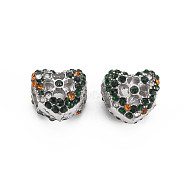 Rack Plating Alloy European Beads, with Rhinestone, Large Hole Beads, Cadmium Free & Nickel Free & Lead Free, Heart, Platinum, Emerald, 10.5x11.5x9mm, Hole: 5mm(MPDL-N039-138)