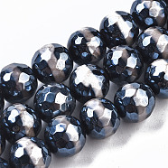 Tibetan Style dZi Beads, Natural Agate Beads Strands,  Dyed & Heated, Pearlized, Round, Faceted, Prussian Blue, 10mm, Hole: 1mm, about 37~38pcs/strand, 14.57 inch(37cm)(G-S359-257A)