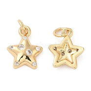 Rack Plating Brass Micro Pave Clear Cubic Zirconia Charms, with Jump Ring, Long-Lasting Plated, Cadmium Free & Lead Free, Star Charm, Real 18K Gold Plated, 14x11x3mm, Hole: 3mm(KK-I706-17G)