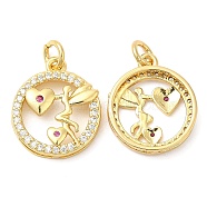 Brass Micro Pave Cubic Zirconia Pendants, Flat Round, Real 18K Gold Plated, 17x14x4mm, Hole: 3mm(KK-P236-27G)