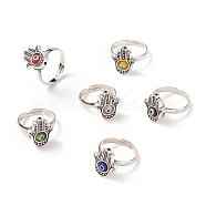 Alloy Hamsa Hand with Lampwork Evil Eye Adjustable Ring, Platinum Plated Brass Jewelry for Women, Mixed Color, US Size 6 1/2(16.9mm)(RJEW-JR00494)