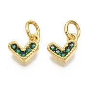 Brass Micro Pave Cubic Zirconia Charms, with Jump Ring, Heart, Real 16K Gold Plated, Nickel Free, Green, 8x8x2mm, Jump Ring: 5x1mm, 3mm inner diameter(KK-N227-33G-03-NF)