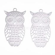 201 Stainless Steel Filigree Pendants, Etched Metal Embellishments, Owl, Stainless Steel Color, 36x20x0.3mm, Hole: 2mm(STAS-R102-23P)