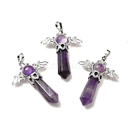 Natural Amethyst Pendants, Angel Charms, with Rack Plating Platinum Tone Brass Findings, Cadmium Free & Lead Free, 52~53x37x11mm, Hole: 8x5mm(G-B033-01P-10)