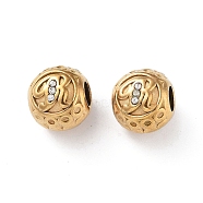 304 Stainless Steel Rhinestone European Beads, Round Large Hole Beads, Real 18K Gold Plated, Round with Letter, Letter R, 11x10mm, Hole: 4mm(STAS-A092-10R-G)