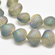 Frosted Electroplate Glass Shell Beads Strands, Rainbow Plated, Yellow Green, 12x14.5x10mm, Hole: 1mm, about 32pcs/strand, 16 inch(EGLA-M002-B04)