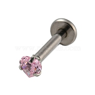 304 Stainless Steel Threaded Flatback Earrings, Cubic Zirconia Cartilage Earrings, Pink, 11x4mm, Heart: 3.5x3mm(EJEW-NH0001-01C-01)