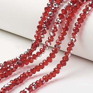 Electroplate Transparent Glass Beads Strands, Half Silver Plated, Faceted, Rondelle, Red, 6x5mm, Hole: 1mm, about 92~94pcs/strand, 17~17.5 inch(42.5~43.75cm)(X-EGLA-A034-T6mm-M05)