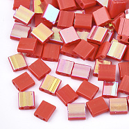 Electroplate Opaque Glass Seed Beads, 2-Hole, Rectangle, AB Color Plated, Red, 5x4.5~5.5x2~2.5mm, Hole: 0.5~0.8mm(SEED-S023-18C-02A)