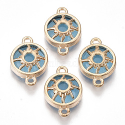 Glass Links Connectors, with Light Gold Plated Alloy Findings, Flat Round with Sun, Dodger Blue, 19.5x13.5x5.5mm, Hole: 1.6mm(X-GLAA-T015-03D)