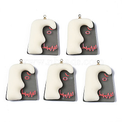 Acrylic Pendants, with Resin, with Light Gold Plated Brass Loops, Face, Crimson, 36x27x8mm, Hole: 1.5mm(KY-N015-011-01)