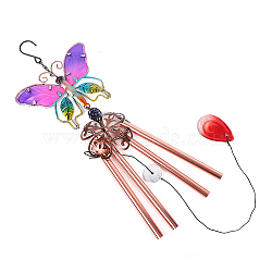 Aluminum Tube Wind Chimes, Glass & Iron Art Pendant Decorations, Butterfly, Orchid, 740x160mm(WICH-PW0001-61F-01)
