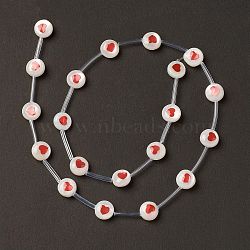 Natural Freshwater Shell Beads Strands, with Brass Slices and Enamel, Seashell Color, Flat Round, Heart Pattern, 8.5x3.2mm, Hole: 0.7mm, about 20pcs/strand, 15.55''(39.5cm)(BSHE-B005-13B)