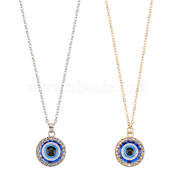 2Pcs 2 Colors Blue Plastic Evil Eye with Crystal Rhinestone Pendant Necklaces Set, Alloy Jewelry for Women, Platinum & Light Gold, 18.62 inch(47.3cm), 1Pc/color(NJEW-AN0001-25)