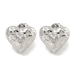 Heart Texture Brass Micro Pave Cubic Zirconia Stud Earrings for Women, Cadmium Free & Lead Free, Long-Lasting Plated, Platinum, 15.5x17mm(EJEW-E312-07P)