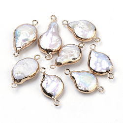 Plated Natural Baroque Pearl Keshi Pearl Links connectors, with Iron Findings, teardrop, Golden, 20~26x11.5~12x5~6mm, Hole: 2mm(PEAR-S012-01)