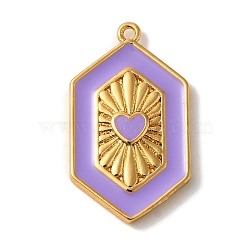 Rack Plating Brass Enamel Pendant, Cadmium Free & Lead Free, Long-Lasting Plated, Hexagon with Heart Charm, Real 18K Gold Plated, Plum, 23x13.5x3.5mm, Hole: 1.2mm(KK-A229-31G-06)