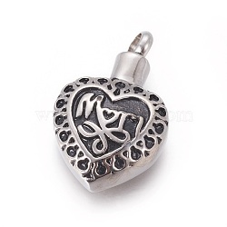 Mother's Day Theme, Retro 304 Stainless Steel Pendants, Perfume Bottle, Heart with Word Mom, Antique Silver, 29.5x18x8mm, Hole: 4mm(STAS-L237-11AS)