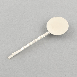 Iron Hair Bobby Pin Findings, with Brass Round Tray, Silver Color Plated, Tray: 12mm, 55x2x12mm(MAK-S008-12mm-FP001S)