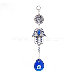 Handmade Lampwork Evil Eye Pendant Decorations, with Glass Rhinestone, Iron Chain, Iron Ring & Alloy Enamel Finding, Hamsa Hand, Antique Silver & Platinum, 225mm, Hole: 13.5x10mm(HJEW-C001-07)