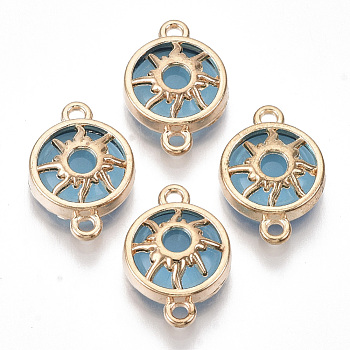 Glass Links Connectors, with Light Gold Plated Alloy Findings, Flat Round with Sun, Dodger Blue, 19.5x13.5x5.5mm, Hole: 1.6mm
