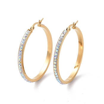 304 Stainless Steel Hoop Earrings, with Polymer Clay and Rhinestone, Ring, Golden, Crystal AB, 40x39x3.5mm
