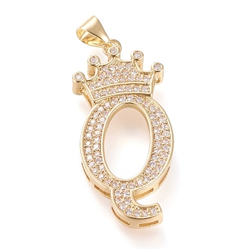 Brass Micro Pave Cubic Zirconia Pendants, Long-Lasting Plated, with Snap on Bail, Letter.Q with Crown, Real 18K Gold Plated, Clear, Letter.Q, Q: 33.5x14.5x4mm, Hole: 3x4mm