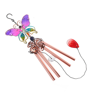 Aluminum Tube Wind Chimes, Glass & Iron Art Pendant Decorations, Butterfly, Orchid, 740x160mm