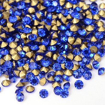 Back Plated Grade A Diamond Glass Pointed Rhinestone, Sapphire, 3.4~3.5mm, about 1440pcs/bag