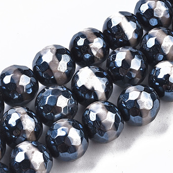 Tibetan Style dZi Beads, Natural Agate Beads Strands,  Dyed & Heated, Pearlized, Round, Faceted, Prussian Blue, 10mm, Hole: 1mm, about 37~38pcs/strand, 14.57 inch(37cm)