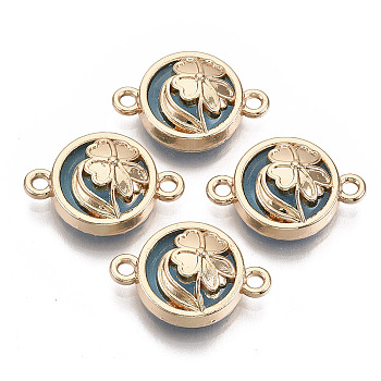 Glass Links connectors, with Light Gold Plated Alloy Findings, Flat Round with Clover, Light Sky Blue, 13.5x19.5x6.5mm, Hole: 1.6mm