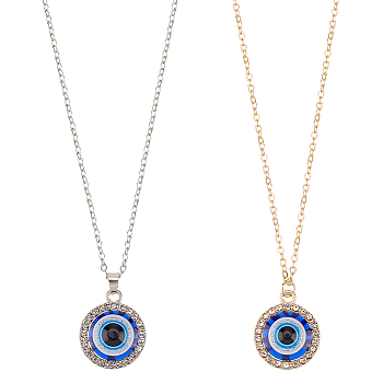 2Pcs 2 Colors Blue Plastic Evil Eye with Crystal Rhinestone Pendant Necklaces Set, Alloy Jewelry for Women, Platinum & Light Gold, 18.62 inch(47.3cm), 1Pc/color