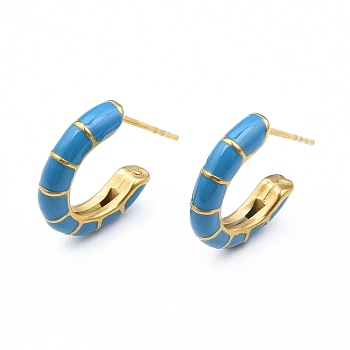 Enamel C-shape Stud Earrings, Gold Plated 304 Stainless Steel Half Hoop Earrings for Women, with Ear Nuts, Deep Sky Blue, 18x16x3.5mm, Pin: 0.8mm