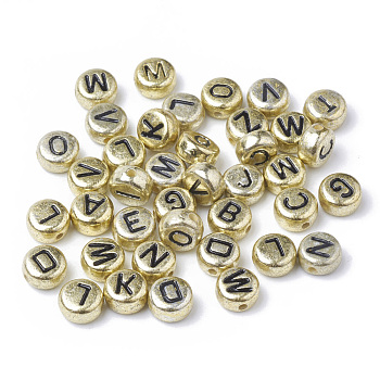Plating Acrylic Beads, Horizontal Hole, Flat Round with Letter, Golden Plated, 7x4mm, Hole: 1mm, about 360pcs/50g