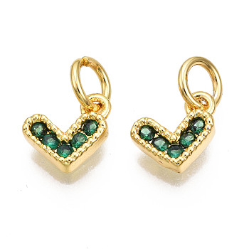 Brass Micro Pave Cubic Zirconia Charms, with Jump Ring, Heart, Real 16K Gold Plated, Nickel Free, Green, 8x8x2mm, Jump Ring: 5x1mm, 3mm inner diameter