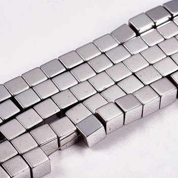 Electroplate Non-magnetic Synthetic Hematite Beads Strands, Cube, Grade AAAA, Platinum Plated, 4x4x4mm, Hole: 1mm, about 91pcs/strand, 16 inch