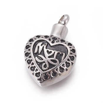 Mother's Day Theme, Retro 304 Stainless Steel Pendants, Perfume Bottle, Heart with Word Mom, Antique Silver, 29.5x18x8mm, Hole: 4mm
