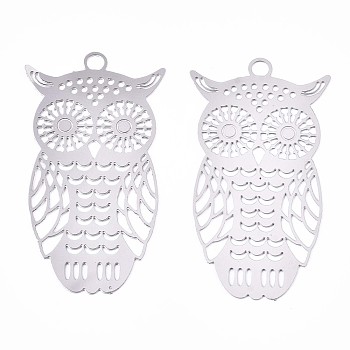 201 Stainless Steel Filigree Pendants, Etched Metal Embellishments, Owl, Stainless Steel Color, 36x20x0.3mm, Hole: 2mm