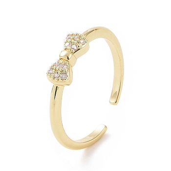 Clear Cubic Zirconia Bowknot Open Cuff Ring, Brass Jewelry for Women, Golden, Inner Diameter: 16mm