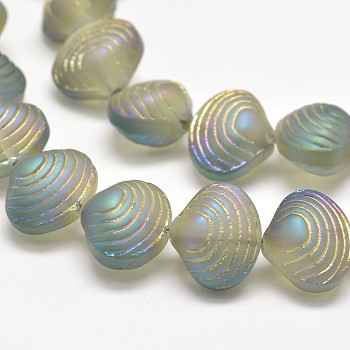 Frosted Electroplate Glass Shell Beads Strands, Rainbow Plated, Yellow Green, 12x14.5x10mm, Hole: 1mm, about 32pcs/strand, 16 inch